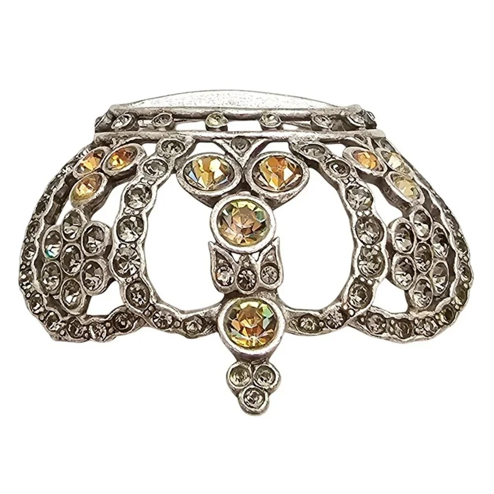 Anne Klein Silver Tone Crown Brooch, Smoky Vitrail Rhinestone Pin Signed, J303